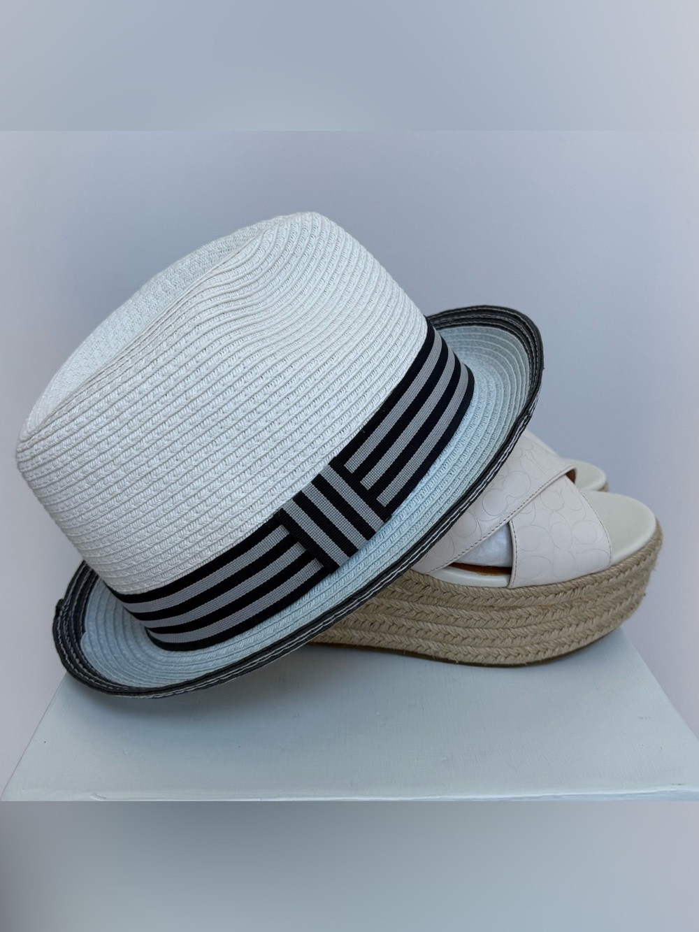 White Straw Fedora Hat with Black Ribbon Trim